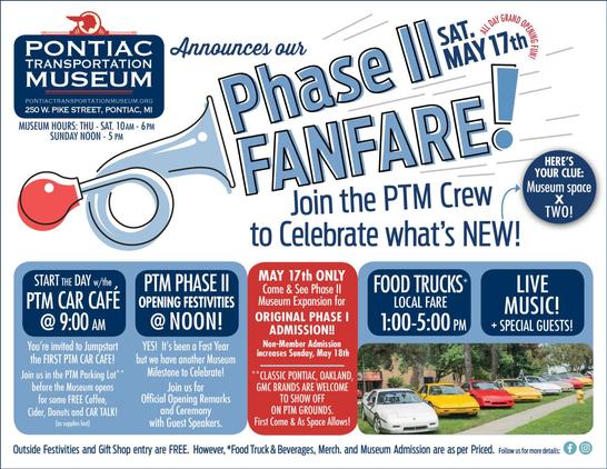 Flyer for the Pontiac Transportation Museum Phase II opening event on Saturday, May 17th featuring a "car café" classic car meetup