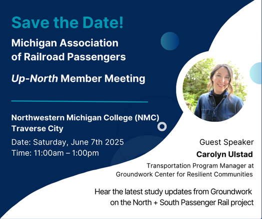 Flyer for the June MARP meeting at Northwestern Michigan College with guest speaker Carolyn Ulstad, Transportation Program Manager at the Groundwork Center