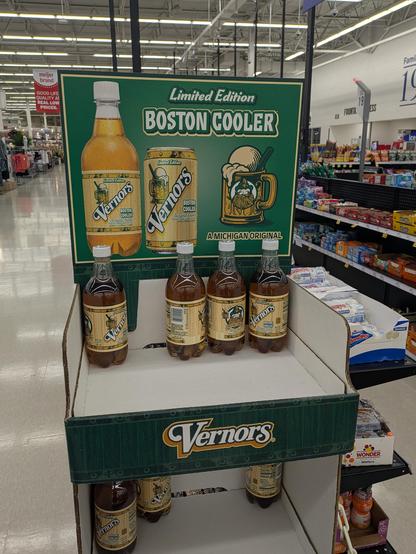 Limited edition bottles of vanilla flavored Vernors on display at the start of the self checkout line