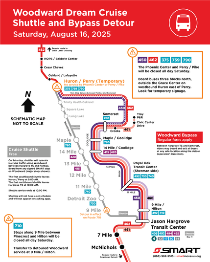 A stylized detour line map showing the Woodward bypass route and shuttle service. During the Dream Cruise on Saturday, August 16th, all Woodward service will be on detour between the Jason Hargrove Transit Center and Downtown Pontiac. Both the 461 and 462 will travel to the Royal Oak Transit Center via Hilton, Campbell, and 11 Mile, then continue to Somerset Collection via Main, 13 Mile, and Coolidge. Riders may board and exit at any safe location along the detour route. Regular fares apply.

R…