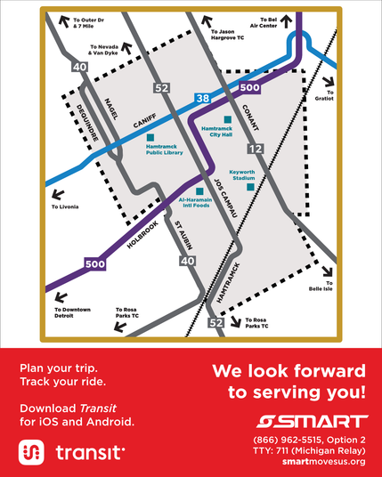 An inset map of Route 500 in Hamtramck, also served by DDOT routes 12, 38, 40, and 52. Points of interest include Hamtramck Public Library on Caniff west of Jos Campau, Hamtramck City Hall west of Conant south of Caniff, Al-Haramain International Foods at the southwest corner of Jos Campau and Holbrook, and Keyworth Stadium between Jos Campau and Conant just north of the railroad tracks.

Text reads "We look forward to serving you!" with information about the Transit mobile app alongside SMART'…