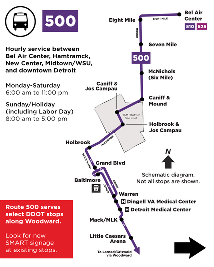 A schematic map of the route.
Northbound: From Larned/Griswold, buses travel to Bel Air Center via Larned, Woodward, Mack, John R, Warren, Brush, Grand Boulevard, Woodward, Holbrook, Jos Campau, Caniff, Mound, and Eight Mile.
Southbound: From Bel Air, buses travel to Larned/Griswold via Eight Mile, Mound, Caniff, Jos Campau, Holbrook, Woodward, Grand, Cass, Baltimore, John R, Mack, Woodward, Congress, Washington, and Larned.

Text reads: "Hourly service. Monday-Saturday 6:00am-11:00pm. Sunday/H…