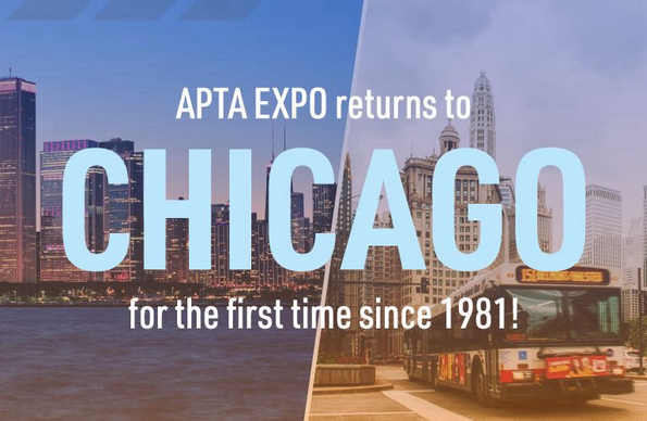 Graphic with the Chicago skyline and a CTA bus reads "APTA EXPO returns to Chicago for the first time since 1981ị